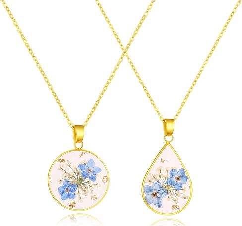 Forget-Me-Not Pressed Wildflower Necklaces | Gold Pressed Flower Necklace | Teardrop Pendant Necklace | Alaska State Flower Necklace | 18" in Saudi Arabia