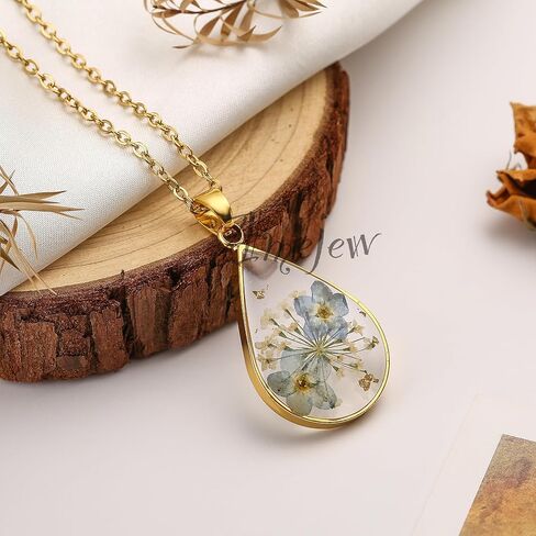 Forget-Me-Not Pressed Wildflower Necklaces | Gold Pressed Flower Necklace | Teardrop Pendant Necklace | Alaska State Flower Necklace | 18" in Saudi Arabia