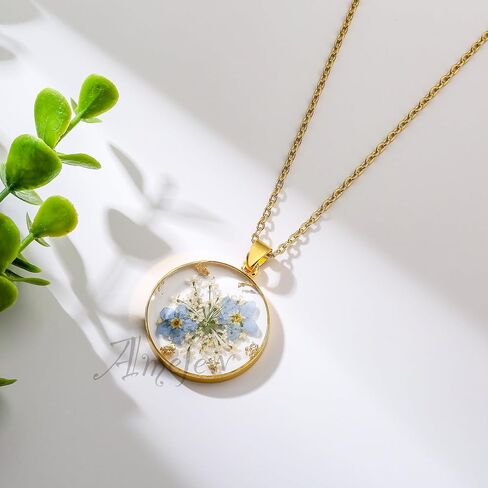 Forget-Me-Not Pressed Wildflower Necklaces | Gold Pressed Flower Necklace | Teardrop Pendant Necklace | Alaska State Flower Necklace | 18" in Saudi Arabia
