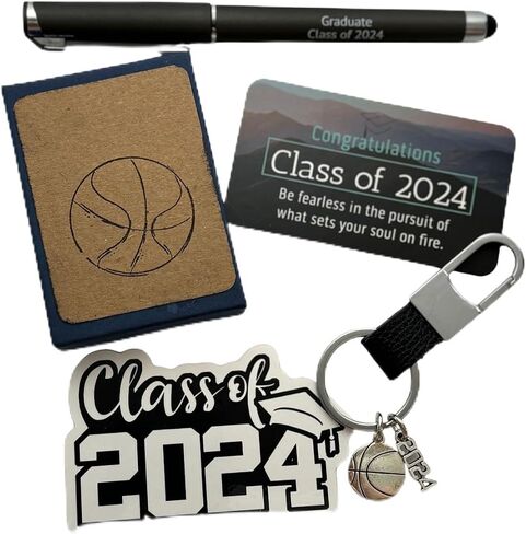 Class of 2024 Graduation Sports Key Chain with Class of 2024 Sticker, Custom Stamped Box, and Graduation Bag BASKETBALL player, Small in Saudi Arabia
