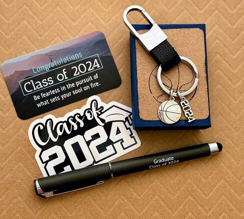 Class of 2024 Graduation Sports Key Chain with Class of 2024 Sticker, Custom Stamped Box, and Graduation Bag BASKETBALL player, Small in Saudi Arabia
