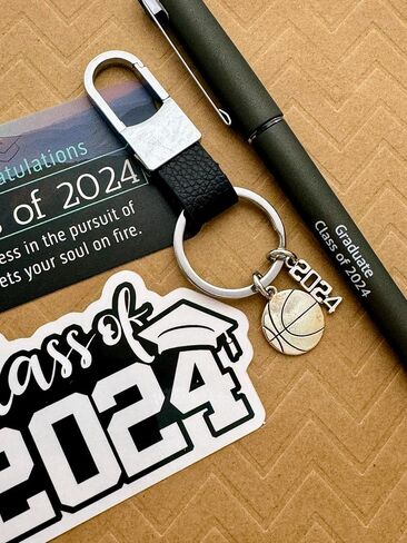 Class of 2024 Graduation Sports Key Chain with Class of 2024 Sticker, Custom Stamped Box, and Graduation Bag BASKETBALL player, Small in Saudi Arabia