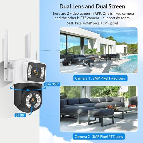 5MP Outdoor Security Camera Dual Lens, 2.4Ghz WIFI Camera for Home Security, 360°PTZ Surveillance Camera with Motion Detection Tracking/Siren/2-Way Audio/Color Night Vision/Wired/Waterproof in Saudi Arabia