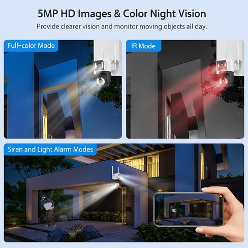 5MP Outdoor Security Camera Dual Lens, 2.4Ghz WIFI Camera for Home Security, 360°PTZ Surveillance Camera with Motion Detection Tracking/Siren/2-Way Audio/Color Night Vision/Wired/Waterproof in Saudi Arabia