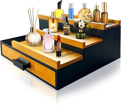 منظم عطر كولونيا للرجال 3 طبقات منظم عطور للرجال مع درج وحجرة خصوصية مخفية حامل عرض عطر كولونيا خشبي باللون الجوز والأسود in Kuwait