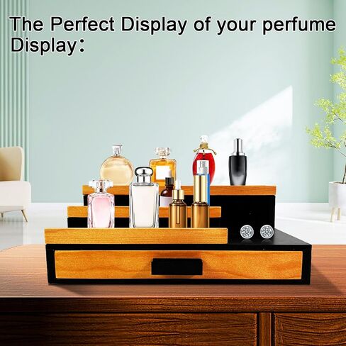 منظم عطر كولونيا للرجال 3 طبقات منظم عطور للرجال مع درج وحجرة خصوصية مخفية حامل عرض عطر كولونيا خشبي باللون الجوز والأسود in Kuwait