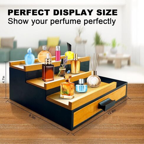 منظم عطر كولونيا للرجال 3 طبقات منظم عطور للرجال مع درج وحجرة خصوصية مخفية حامل عرض عطر كولونيا خشبي باللون الجوز والأسود in Kuwait