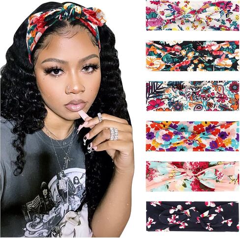 DRESHOW 6 Pack Boho Non-Slip Headbands for Women Girls Yoga Workout Running Knotted Turban Floral Printed Elastic Head Wrap in Saudi Arabia