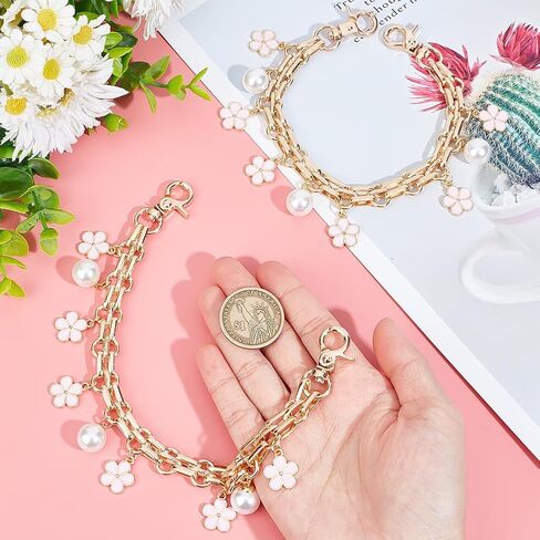 UNICRAFTALE 2Pcs 24.5cm Iron Chain Purse Strap Extenders Alloy Enamel Flower Charm Bag Strap Replacement with Plastic Imitation Pearl Light Gold Shoulder Handbag Extender Chains Accessories in Saudi Arabia