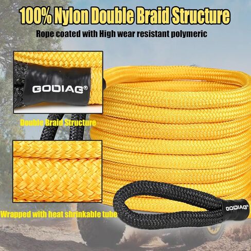 GODIAG 1 "× 30ft حبل سحب حركي (46500 رطل) حبل طاقة عالي التحمل مع 2 أغلال ناعمة، حبل طاقة مرن 30% للطرق الوعرة لشاحنة جيب سيارة ATV UTV جرار in Kuwait
