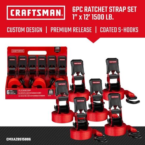 CRAFTSMAN CMXAZBS15004 Black/Red 1" x 12' Ratchet Tie Down Straps - Light/Mid-Weight Duty (1500 lb Break Strength), 4 Pack in Saudi Arabia