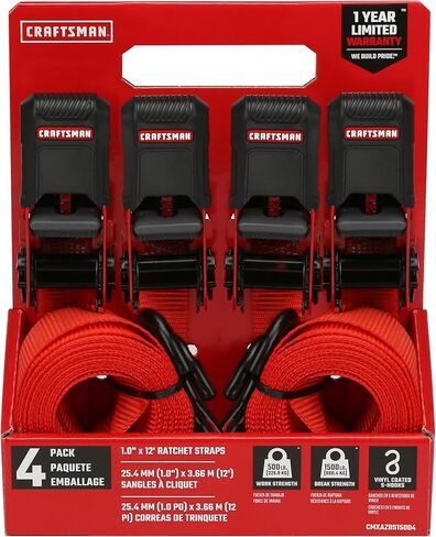 CRAFTSMAN CMXAZBS15004 Black/Red 1" x 12' Ratchet Tie Down Straps - Light/Mid-Weight Duty (1500 lb Break Strength), 4 Pack in Saudi Arabia