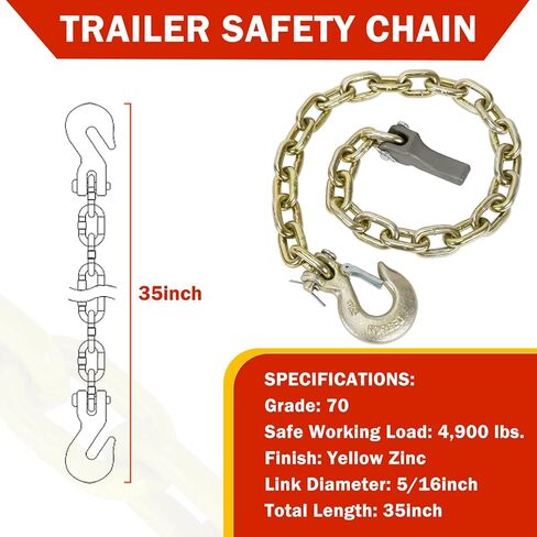 BLACKHORSE-RACING قطعتان من سلسلة أمان المقطورة مقاس 35 بوصة من الدرجة 70 مع خطاف تثبيت Clevis مقاس 5/16 بوصة ومثبت سلسلة | حمل عمل يبلغ 4,900 رطل in Kuwait