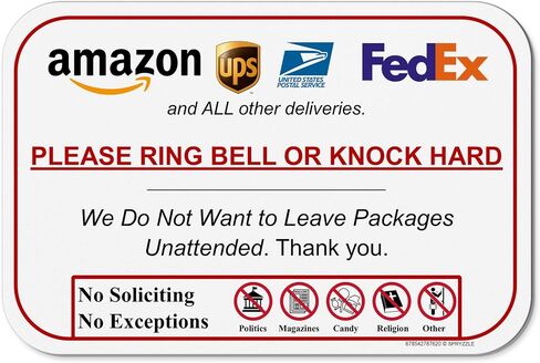 Ring Bell or Knock Hard - Do Not Leave Packages Unattended Delivery Instructions for Amazon UPS FEDEX USPS and Food Deliveries, 6 x 9 Rust & Waterproof PVC - Sign with Mounting Adhesive by SPRYZZLE in Saudi Arabia