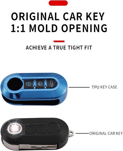 HIBEYO Key Fob Cover for Fiat 500 Linea 3 Button Filping Smart Remote Auto Key Shell with Leather Keychains for Fiat 500 Accessories Soft TPU Key Case-Blue in Saudi Arabia
