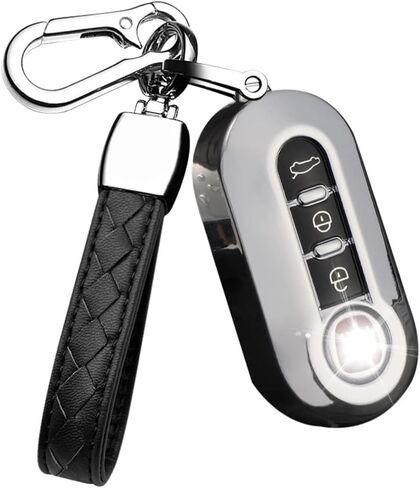 HIBEYO Key Fob Cover for Fiat 500 Linea 3 Button Filping Smart Remote Auto Key Shell with Leather Keychains for Fiat 500 Accessories Soft TPU Key Case-Blue in Saudi Arabia
