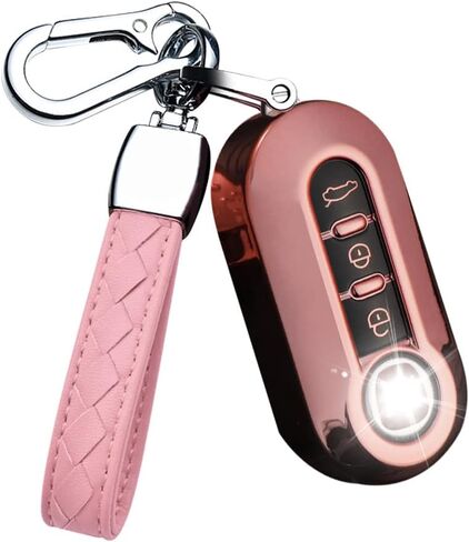 HIBEYO Key Fob Cover for Fiat 500 Linea 3 Button Filping Smart Remote Auto Key Shell with Leather Keychains for Fiat 500 Accessories Soft TPU Key Case-Blue in Saudi Arabia
