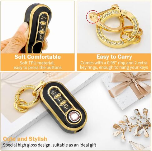 for Fiat Key Fob Cover Accessories 500 500e 500L 2019 2018 2017 2016 2015 Key Case Holder Bling Car Remote Key Chain Ring Women TPU Black Gold in Saudi Arabia