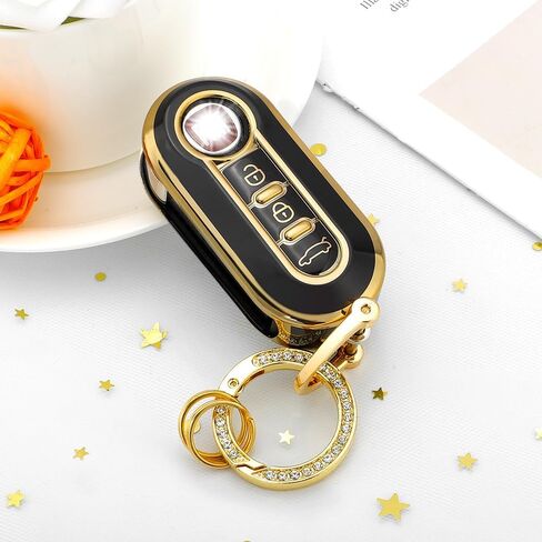 for Fiat Key Fob Cover Accessories 500 500e 500L 2019 2018 2017 2016 2015 Key Case Holder Bling Car Remote Key Chain Ring Women TPU Black Gold in Saudi Arabia