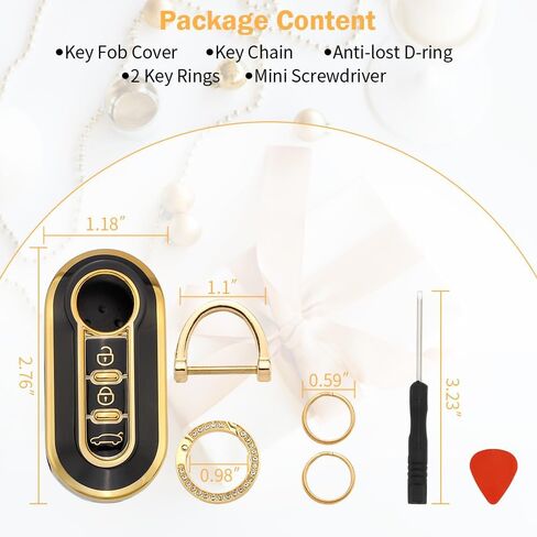 for Fiat Key Fob Cover Accessories 500 500e 500L 2019 2018 2017 2016 2015 Key Case Holder Bling Car Remote Key Chain Ring Women TPU Black Gold in Saudi Arabia