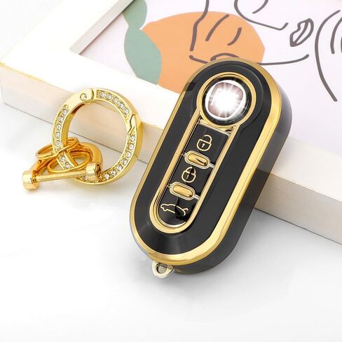 for Fiat Key Fob Cover Accessories 500 500e 500L 2019 2018 2017 2016 2015 Key Case Holder Bling Car Remote Key Chain Ring Women TPU Black Gold in Saudi Arabia