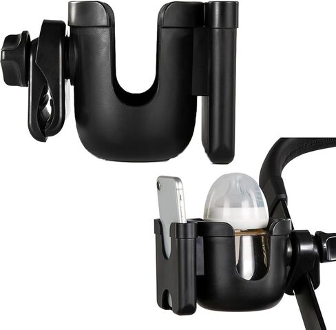 حامل أكواب عربة الأطفال مع حامل هاتف، حامل أكواب لعربة الأطفال، حامل مشروبات قابل للتعديل، حامل هاتف كوب عالمي 2 في 1 لعربة الأطفال والدراجة والكرسي المتحرك والمشاية والسكوتر. (أسود) in Kuwait