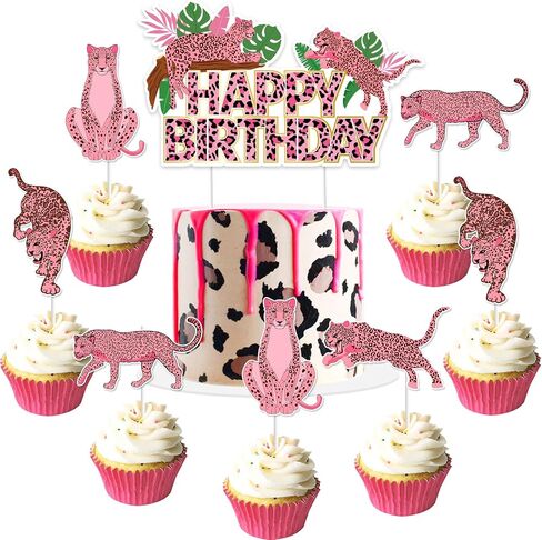 Jollyboom Cheetah Birthday Decorations Cake Topper, Pink Cheetah Happy Birthday Decoration Cake Topper Pink Leopard Cupcake Topper for Jungle Safari Wild One Cheetah Print Birthday Baby Shower Party in Saudi Arabia