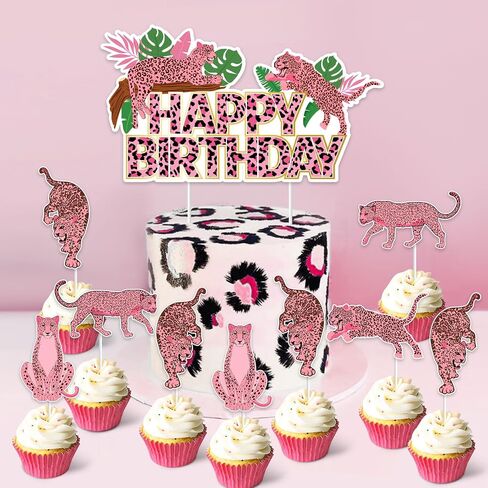 Jollyboom Cheetah Birthday Decorations Cake Topper, Pink Cheetah Happy Birthday Decoration Cake Topper Pink Leopard Cupcake Topper for Jungle Safari Wild One Cheetah Print Birthday Baby Shower Party in Saudi Arabia