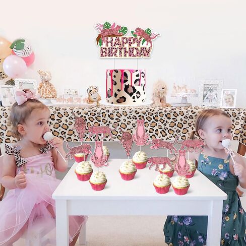 Jollyboom Cheetah Birthday Decorations Cake Topper, Pink Cheetah Happy Birthday Decoration Cake Topper Pink Leopard Cupcake Topper for Jungle Safari Wild One Cheetah Print Birthday Baby Shower Party in Saudi Arabia