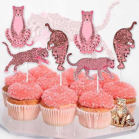 Jollyboom Cheetah Birthday Decorations Cake Topper, Pink Cheetah Happy Birthday Decoration Cake Topper Pink Leopard Cupcake Topper for Jungle Safari Wild One Cheetah Print Birthday Baby Shower Party in Saudi Arabia