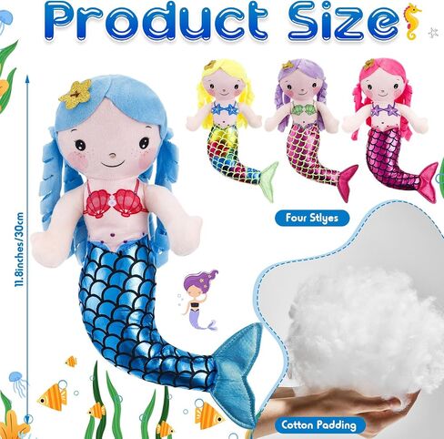 Poen 4 Pcs Mermaid Doll 11.8 Inch Mermaid Soft Rag Stuffed Doll Princess Plush Toy for Kids Girls Birthday Party Decorations in Saudi Arabia