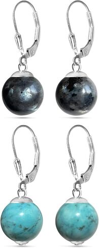 2PCS 10mm Natural Turquoise and Labradorite Stone Bead Gemstone Drop Earrings Set,Dainty Simple Single Real Genuine Quartz Crystal Dangle Earrings for Women (C06_Turquoise&Labradorite) in Saudi Arabia