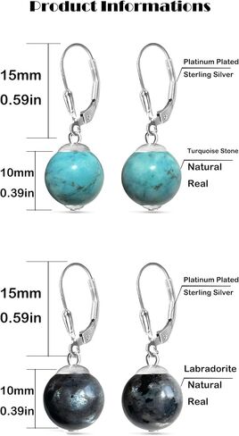 2PCS 10mm Natural Turquoise and Labradorite Stone Bead Gemstone Drop Earrings Set,Dainty Simple Single Real Genuine Quartz Crystal Dangle Earrings for Women (C06_Turquoise&Labradorite) in Saudi Arabia