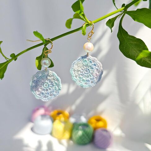 Handmade Micro Crochet Round Dangle Earring,18K Gold Dainty Drop Crochet Earrings,Statement Crochet Floral Dangling Earring for Women - Unique Handcrafted Earrings in Saudi Arabia
