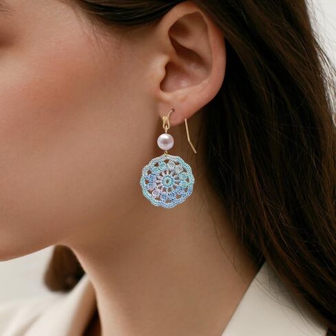 Handmade Micro Crochet Round Dangle Earring,18K Gold Dainty Drop Crochet Earrings,Statement Crochet Floral Dangling Earring for Women - Unique Handcrafted Earrings in Saudi Arabia