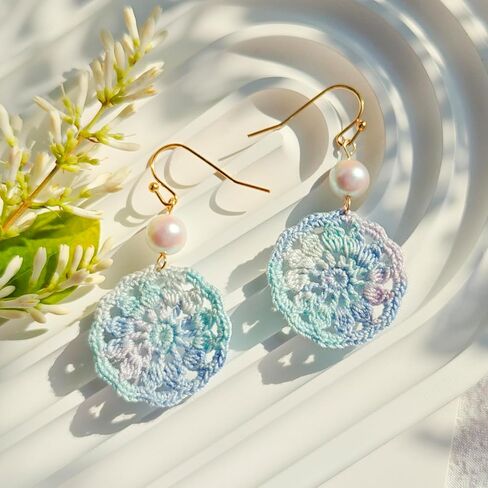 Handmade Micro Crochet Round Dangle Earring,18K Gold Dainty Drop Crochet Earrings,Statement Crochet Floral Dangling Earring for Women - Unique Handcrafted Earrings in Saudi Arabia