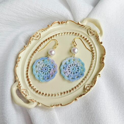 Handmade Micro Crochet Round Dangle Earring,18K Gold Dainty Drop Crochet Earrings,Statement Crochet Floral Dangling Earring for Women - Unique Handcrafted Earrings in Saudi Arabia