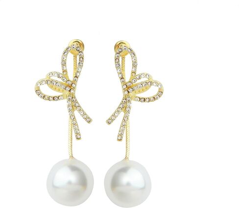 Gold Dangle Earrings Pearl Bow Pearl Earrings For Women Drop Pearl Earrings14K Gold Bow Dangle Drop Earrings Gift For Girls Wedding Earring in Saudi Arabia