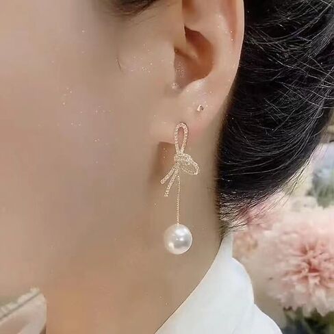 Gold Dangle Earrings Pearl Bow Pearl Earrings For Women Drop Pearl Earrings14K Gold Bow Dangle Drop Earrings Gift For Girls Wedding Earring in Saudi Arabia
