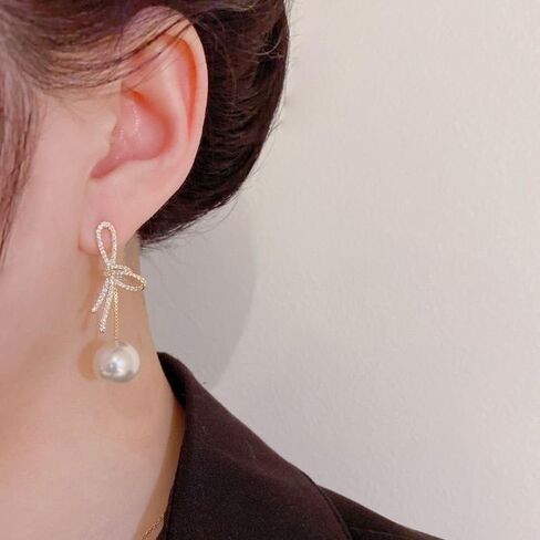 Gold Dangle Earrings Pearl Bow Pearl Earrings For Women Drop Pearl Earrings14K Gold Bow Dangle Drop Earrings Gift For Girls Wedding Earring in Saudi Arabia