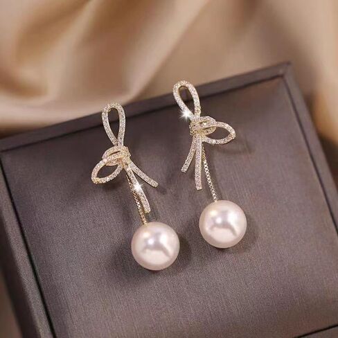 Gold Dangle Earrings Pearl Bow Pearl Earrings For Women Drop Pearl Earrings14K Gold Bow Dangle Drop Earrings Gift For Girls Wedding Earring in Saudi Arabia