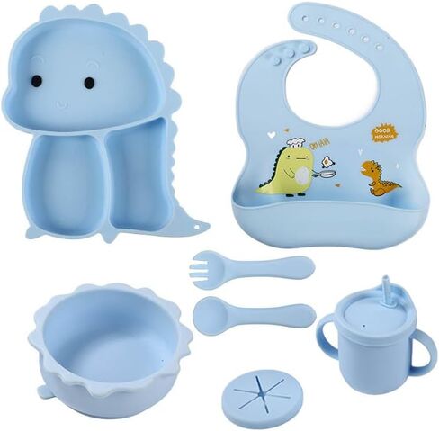 Silicone Baby Feeding Set, Baby Led Weaning Supplies, Eating Essentials Utensils with Suction Plate and Bowl, Pocket Bib, Sippy Cup with Lid, Forks Spoons Snack Container (Army Green) 6M+ in Saudi Arabia
