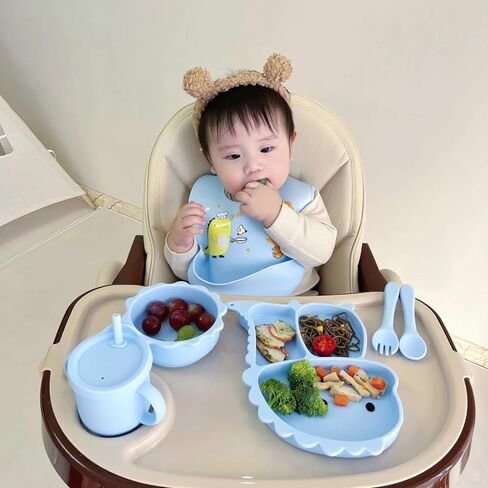 Silicone Baby Feeding Set, Baby Led Weaning Supplies, Eating Essentials Utensils with Suction Plate and Bowl, Pocket Bib, Sippy Cup with Lid, Forks Spoons Snack Container (Army Green) 6M+ in Saudi Arabia