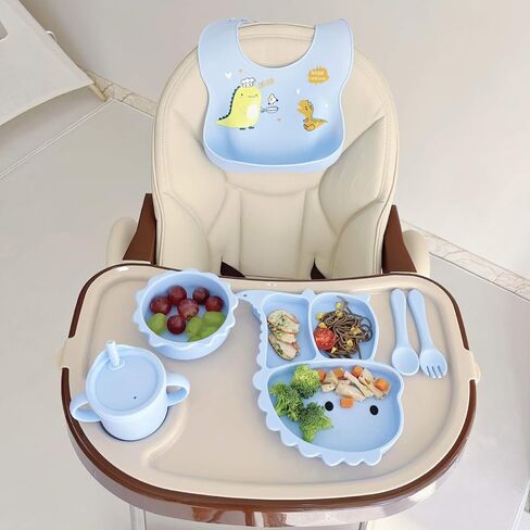 Silicone Baby Feeding Set, Baby Led Weaning Supplies, Eating Essentials Utensils with Suction Plate and Bowl, Pocket Bib, Sippy Cup with Lid, Forks Spoons Snack Container (Army Green) 6M+ in Saudi Arabia
