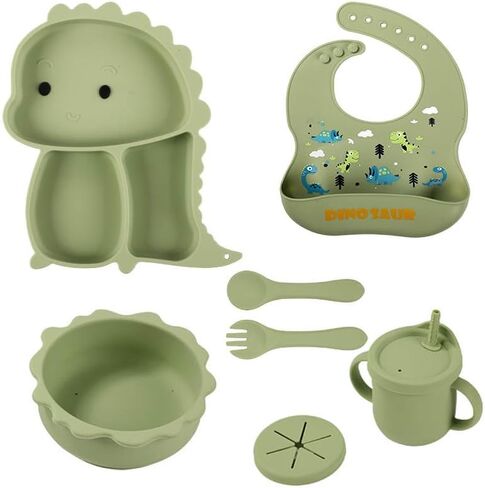 Silicone Baby Feeding Set, Baby Led Weaning Supplies, Eating Essentials Utensils with Suction Plate and Bowl, Pocket Bib, Sippy Cup with Lid, Forks Spoons Snack Container (Army Green) 6M+ in Saudi Arabia