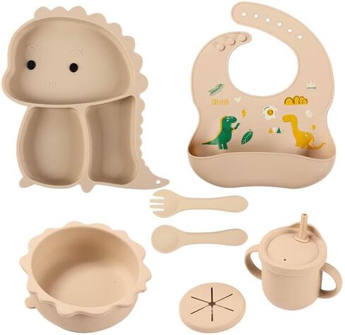 Silicone Baby Feeding Set, Baby Led Weaning Supplies, Eating Essentials Utensils with Suction Plate and Bowl, Pocket Bib, Sippy Cup with Lid, Forks Spoons Snack Container (Army Green) 6M+ in Saudi Arabia