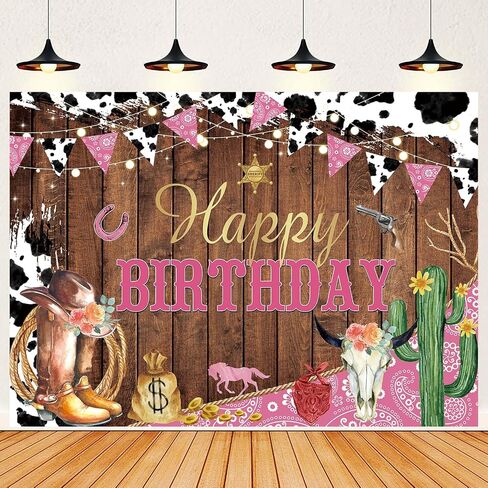 Western Cowgirl Happy Birthday Backdrop Cow Print Pink Wild Party Decorations Banner Rustic West Rodeo Boot Cowgirl Birthday Photography Background Party Supplies Banner 7X5FT(82x59inch) in Kuwait