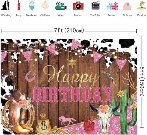 Western Cowgirl Happy Birthday Backdrop Cow Print Pink Wild Party Decorations Banner Rustic West Rodeo Boot Cowgirl Birthday Photography Background Party Supplies Banner 7X5FT(82x59inch) in Kuwait