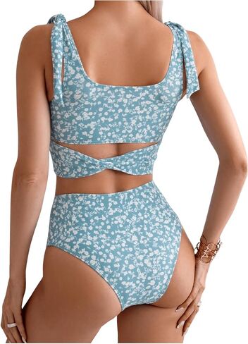Floerns Women's Floral Print Square Neck Tie Shoulder Two Piece Tankini Swimsuits in Saudi Arabia