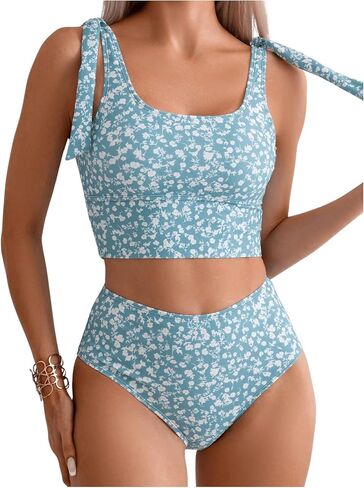Floerns Women's Floral Print Square Neck Tie Shoulder Two Piece Tankini Swimsuits in Saudi Arabia